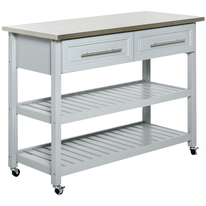 Mobile Kitchen Assistant: Gray Utility Cart with Stainless Top & Drawers