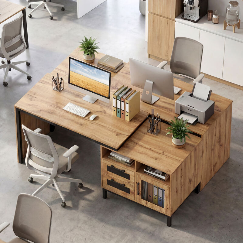 Modern Computer Desk with Open Compartments and Drawers for Storage image number 5