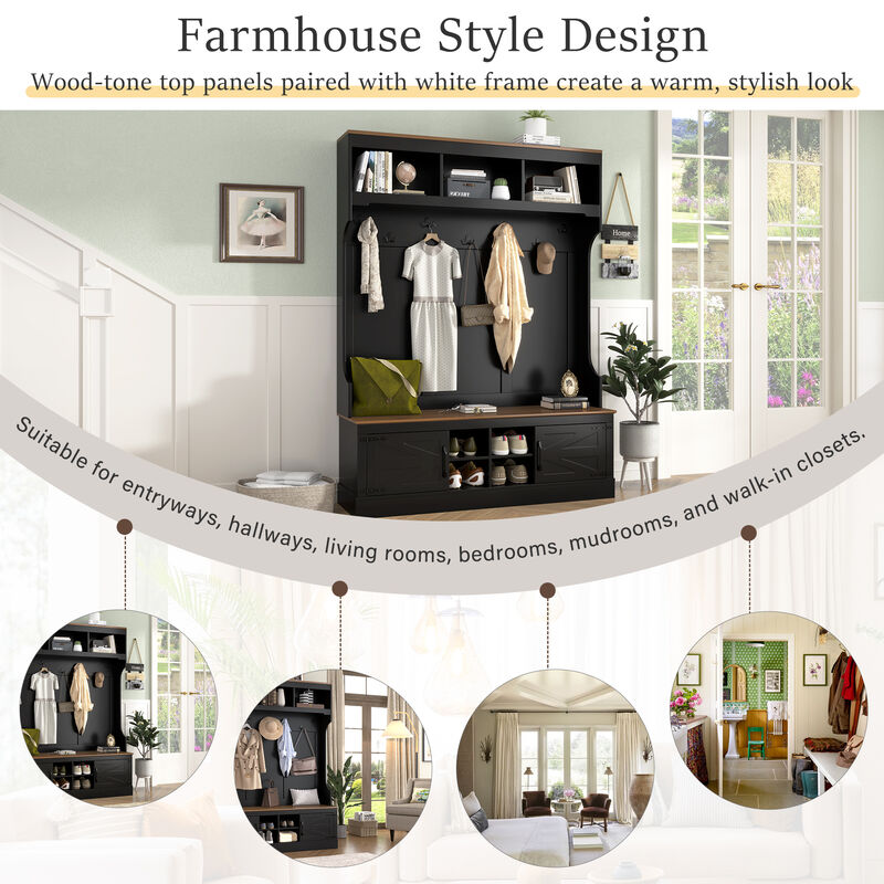 Merax All-in-One Entryway Storage Unit with Seating Bench, Coat Hooks & Shoe Rack image number 5