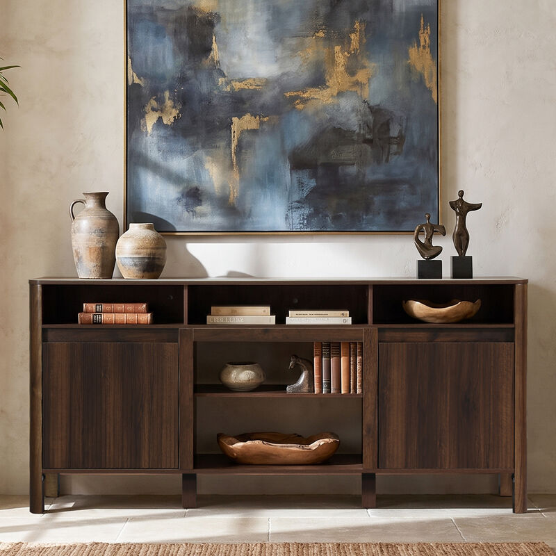 68" Dark Walnut Fluted Door Mid-Century Modern Wooden TV Stand Media Console Storage Cabinet with Open Shelves for TVs up to 75" image number 3