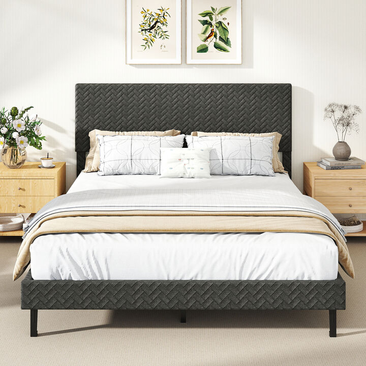 Velvet Platform Bed Frame with Upholstered Chevron Headboard for Bedroom