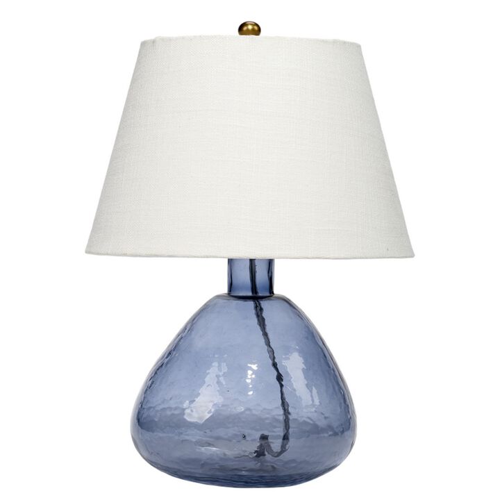 Navi 17 Inch Table Lamp, White Linen Drum Shade, Blue Glass Curved Body - Benzara