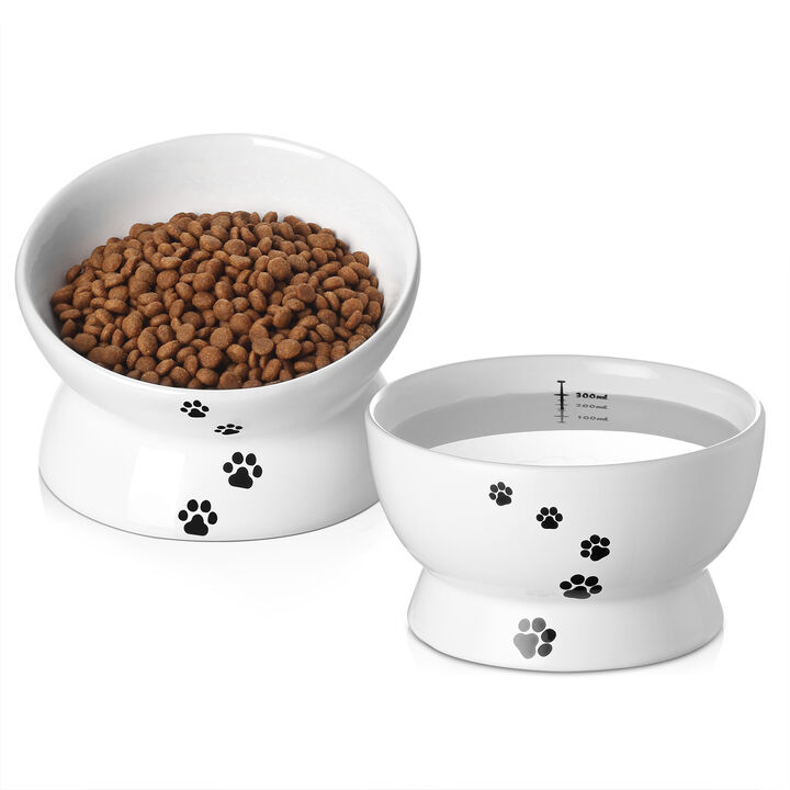 Y YHY Raised Cat Food and Water Bowl Set, Tilted Elevated Cat Food Bowls No Spill, Ceramic Cat Food Feeder Bowl Collection, Pet Bowl for Flat, Set of 2, White