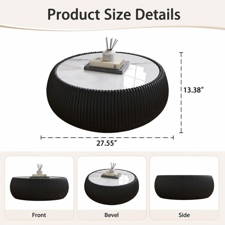 GOODSILO Modern Round Drum Shaped Sintered Stone Top Coffee Table Unique Patterned Accent Furniture For Living Room, Bedroom And Office