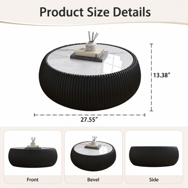 GOODSILO Modern Round Drum Shaped Sintered Stone Top Coffee Table Unique Patterned Accent Furniture For Living Room, Bedroom And Office image number 1
