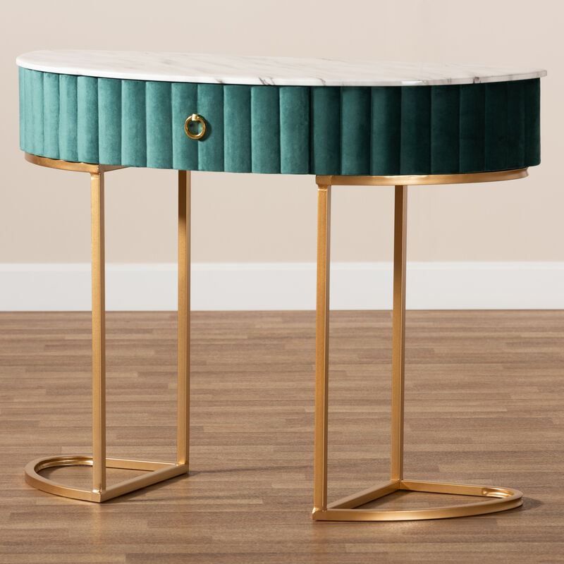Baxton Studio Beale Green Velvet Upholstered 1 Drawer Console Table With Faux Marble Tabletop