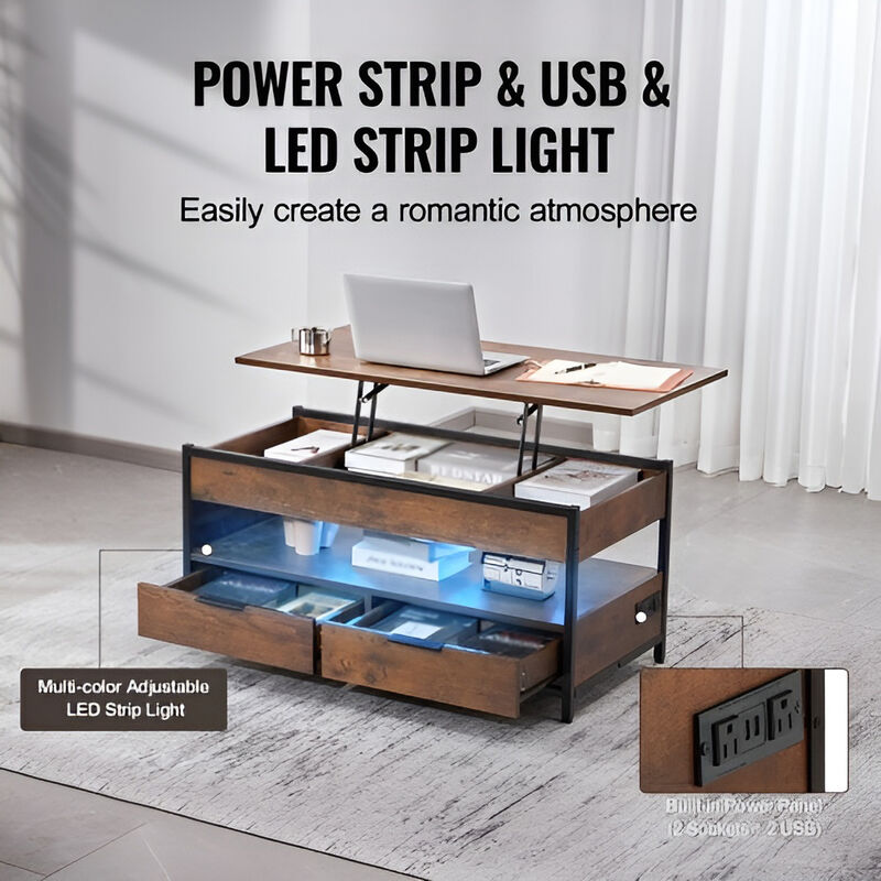 Coffee Table with Charging Station & USB & LED Light for Living Room