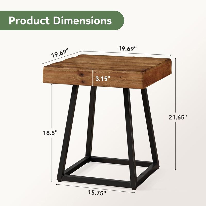 Solid Wood Square End Table, Metal Frame Side Table for Bedroom & Living Room image number 2