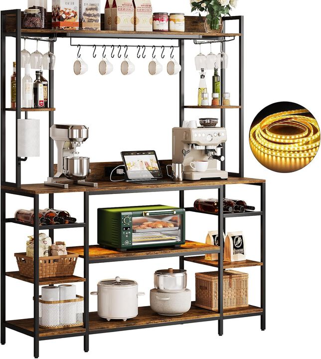 Large Bakers Rack with LED Lights & Power Outlet, 55" Wide Microwave Stand, 6-Tier Kitchen Racks and Shelves, Wine Glass Holder, 11 Hooks with App Control