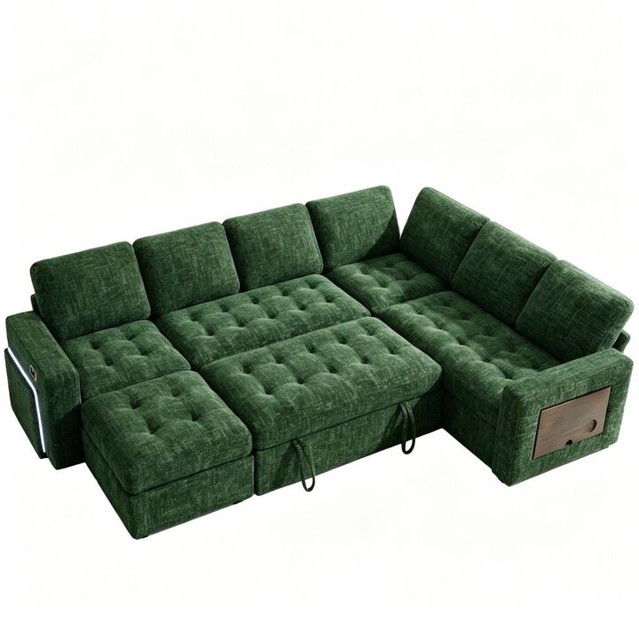 102" L-Shaped Chenille Modular Sectional Sleeper Sofa with Pullout Bed, Reclining Backrest, USB