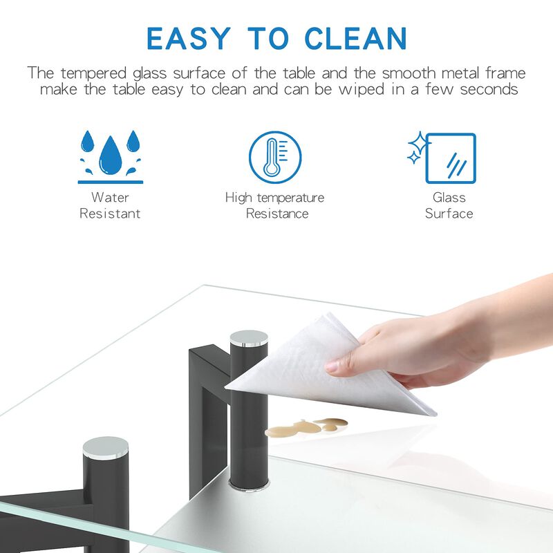 IANIYA Glass Coffee Table Black Rectangle Tempered Metal Tube Legs for Livingroom