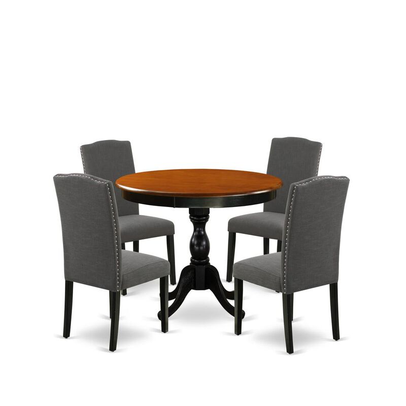 East West Furniture 5-Pc Round Kitchen Table Set Contains a Wood Kitchen Table and 4 Dark Gotham Grey Linen Fabric Kitchen Chairs with High Back - Black Finish