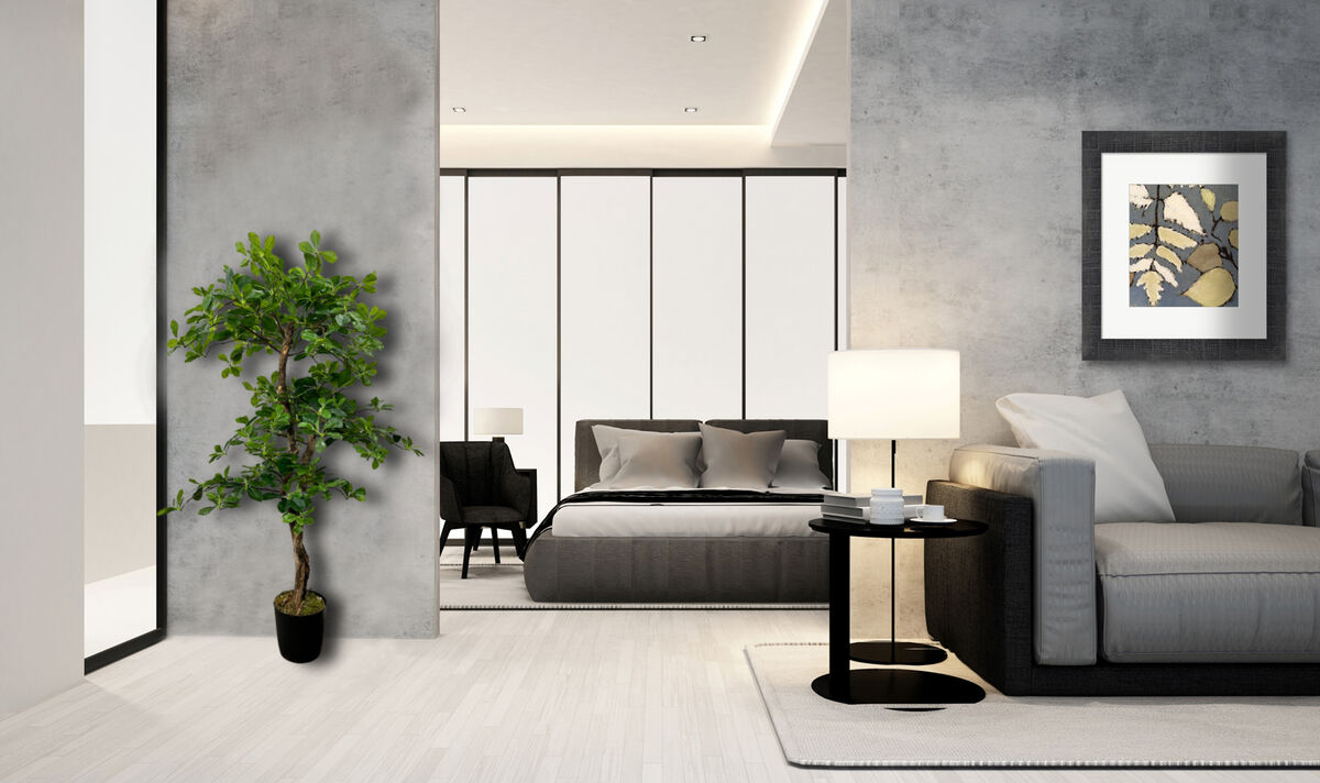 Handmade 4' Artificial 3-Tier Black Olive Tree In Home Basics Plastic Pot Made with Real Wood and Moss Accents