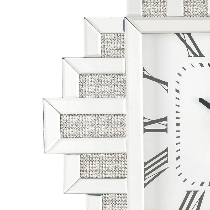 Irregular Mirror Frame Wall Clock with Crushed Faux Diamond Inlay, Silver-Benzara
