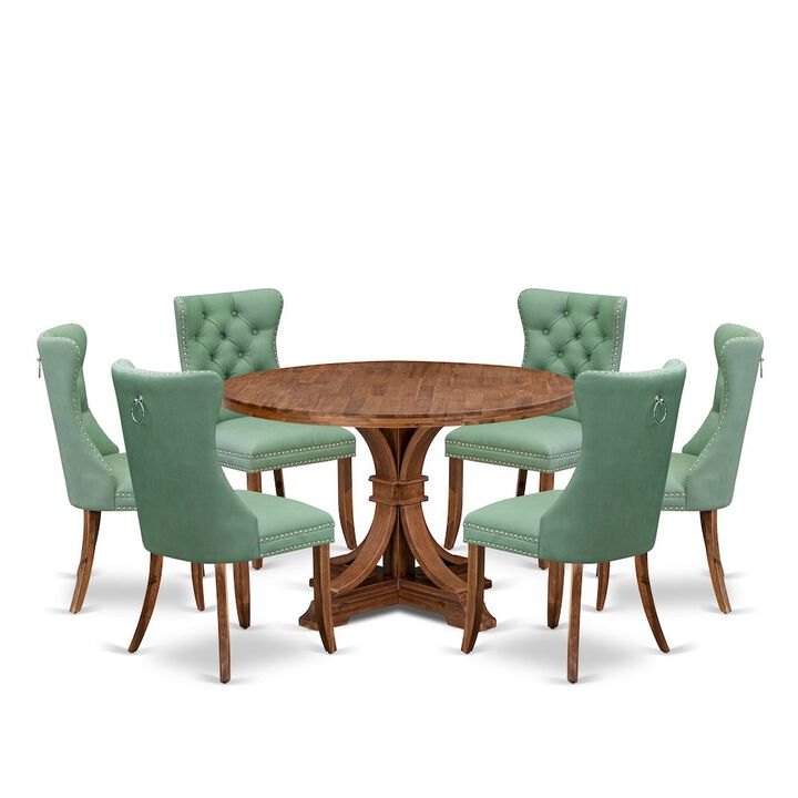 7-Pc Mid Century Set Consist A Dining Table, 6 Willow Green Upholstered Chairs