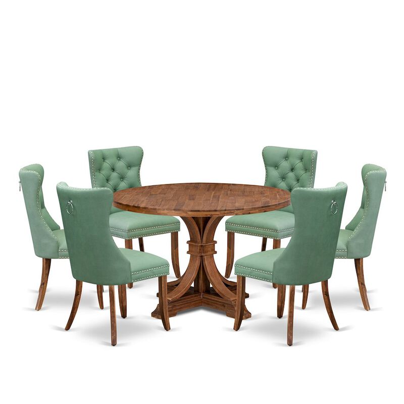 7-Pc Mid Century Set Consist A Dining Table, 6 Willow Green Upholstered Chairs