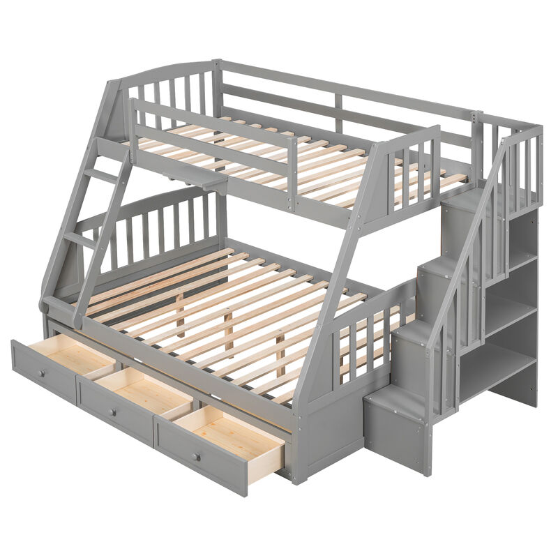 Whisen Twin-Over-Full Bunk Bed with Drawers, Ladder and Storage Staircase- Gray