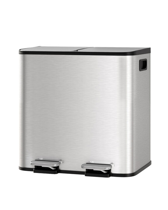 Stainless Steel Dual Compartment Trash Can. 2x15L Removable Buckets, Soft-Close Lid, Touchless pedal