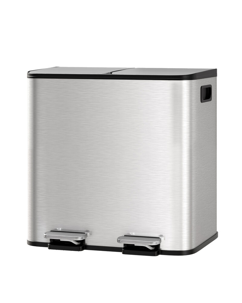 Stainless Steel Dual Compartment Trash Can. 2x15L Removable Buckets, Soft-Close Lid, Touchless pedal image number 0