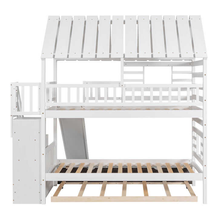 Twin over Twin House Bunk Bed with Trundle and Slide, Storage Staircase, Roof and Window Design, White