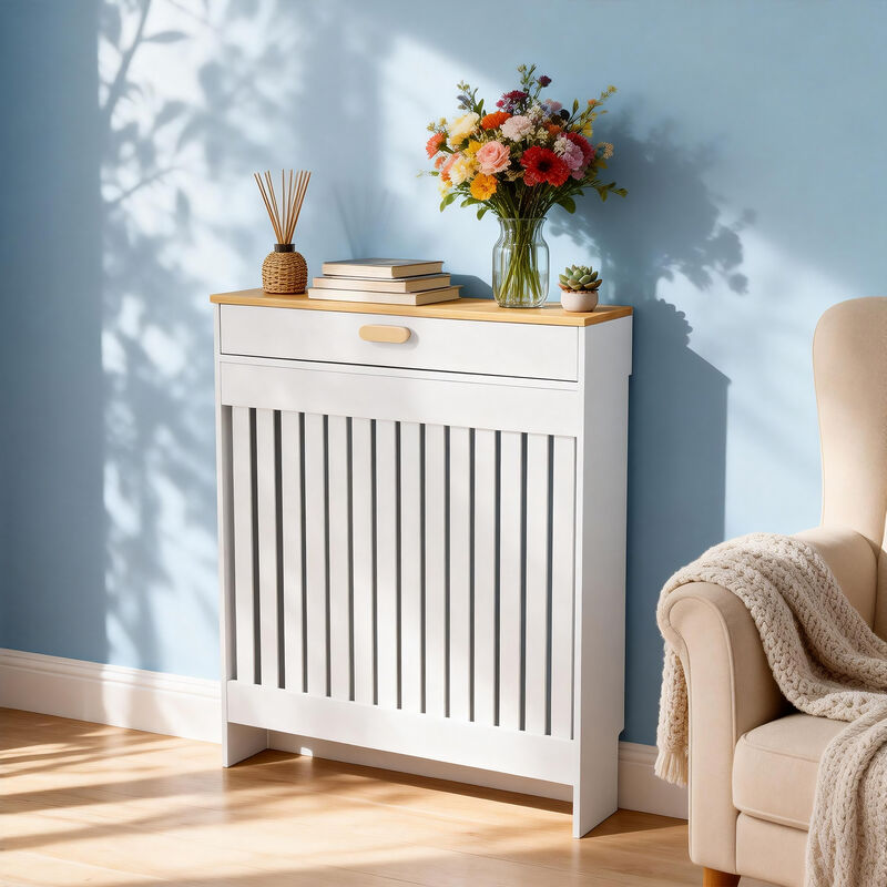 Radiator Cover Drawer Shelf White Oak Finish Vertical MDF Slat Cabinet image number 2