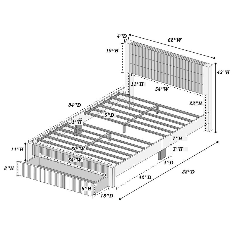 Poundex Queen Platform Bed with Underbed Storage in Gray
