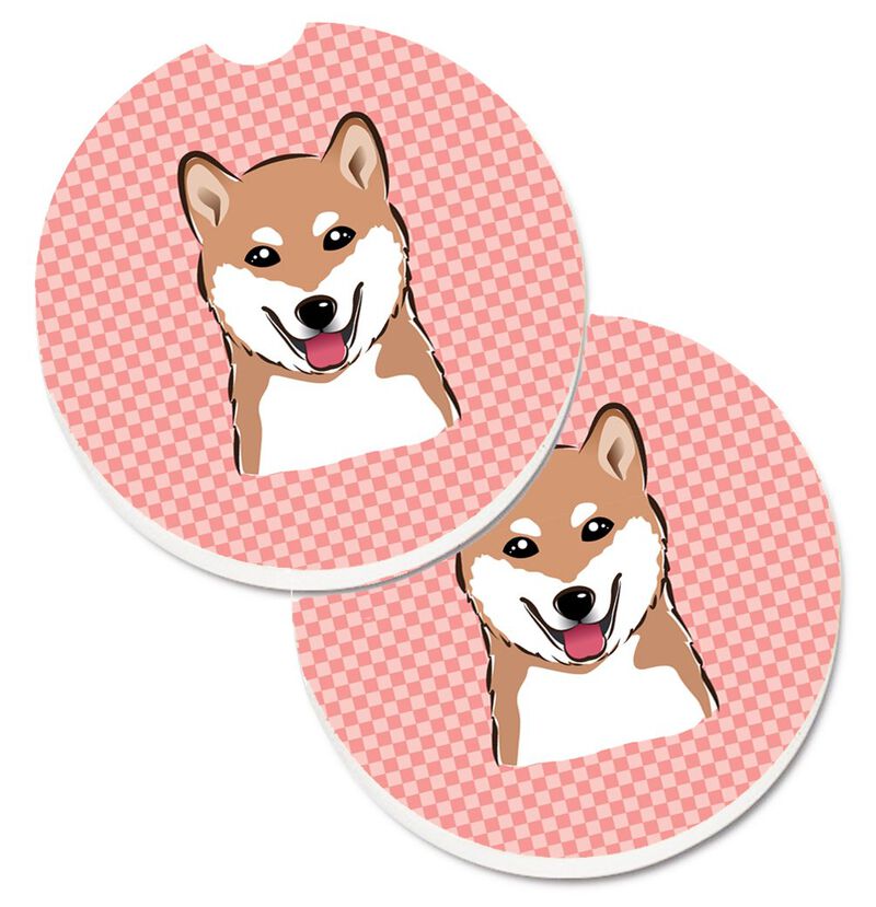 Caroline's Treasures Checkerboard Pink Shiba Inu Set of 2 Cup Holder Car Coasters BB1225CARC, 2.56, Multicolor