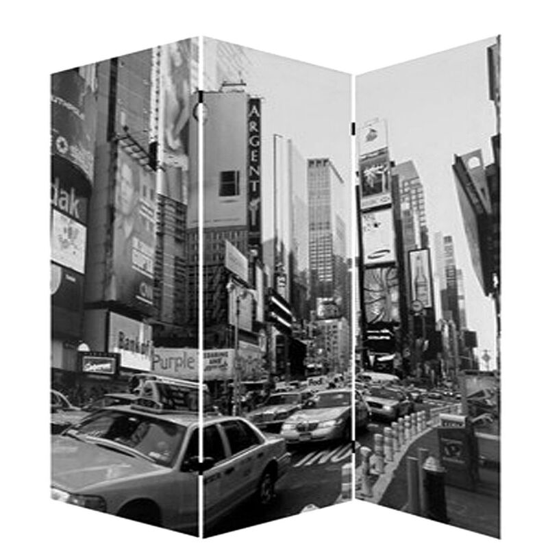 3 Panel Foldable Canvas Screen with NYC Print, Black and White-Benzara