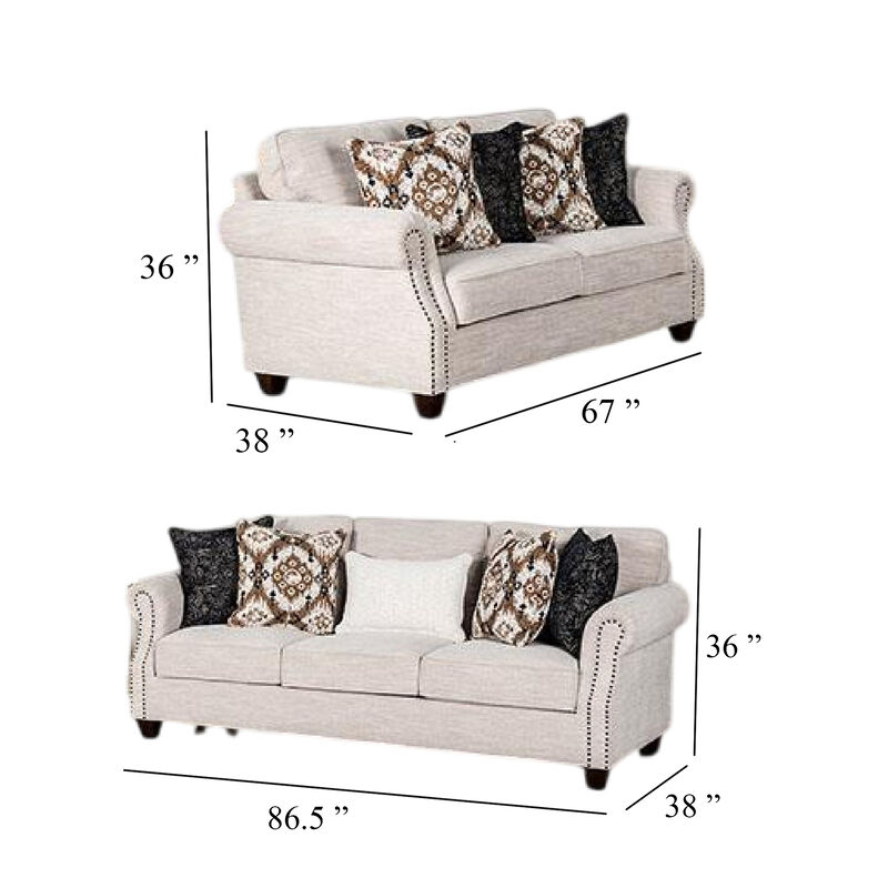 Serra 2pc Sofa and Loveseat Set, 9 Accent Pillows, Greige Polyester - Benzara