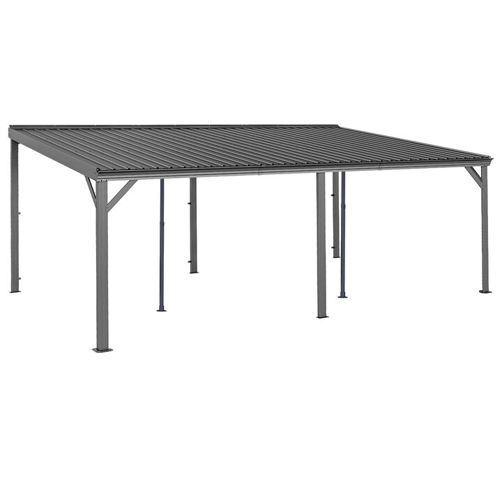 12x20FT Wall Mounted Gazebos Pergola with Built in Drainage System, Galvanized Steel Roof Hardtop Patio Shelter, Brown