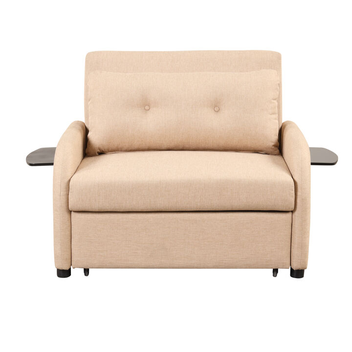 pull out sofa sleeper 3 in 1 with 2 wing table and usb charge for nap line fabric for living room recreation room Beige