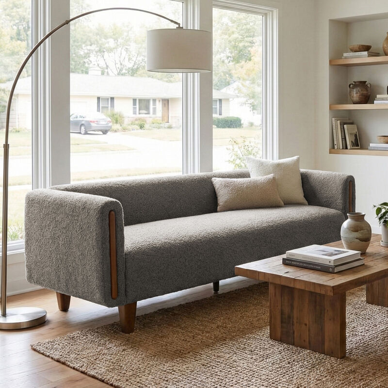 Merax Modern 3-Seater Boucle Sofa with Wood Accent Armrests & Solid Rubberwood Legs image number 2