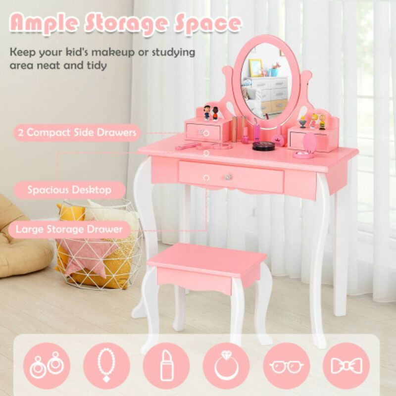 Kids Vanity Princess Makeup Dressing Table Stool Set with Mirror and Drawer-Pink image number 4