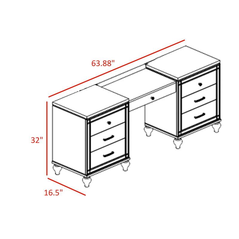 Lee 64 Inch Vanity Table, Embossed Inlay, 7 Mirror Accented Drawers, Gray