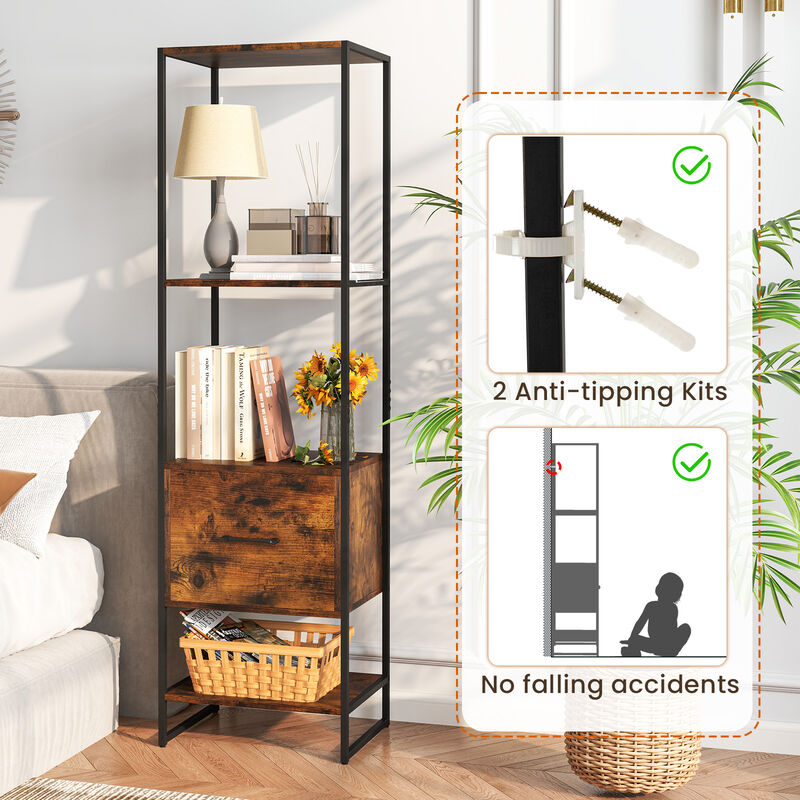 Slim 5-Tier Bookcase with Open Shelves and Drawer – Vertical Storage Solution