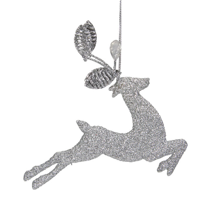 5.5" Silver Glitter Leaping Reindeer Christmas Ornament