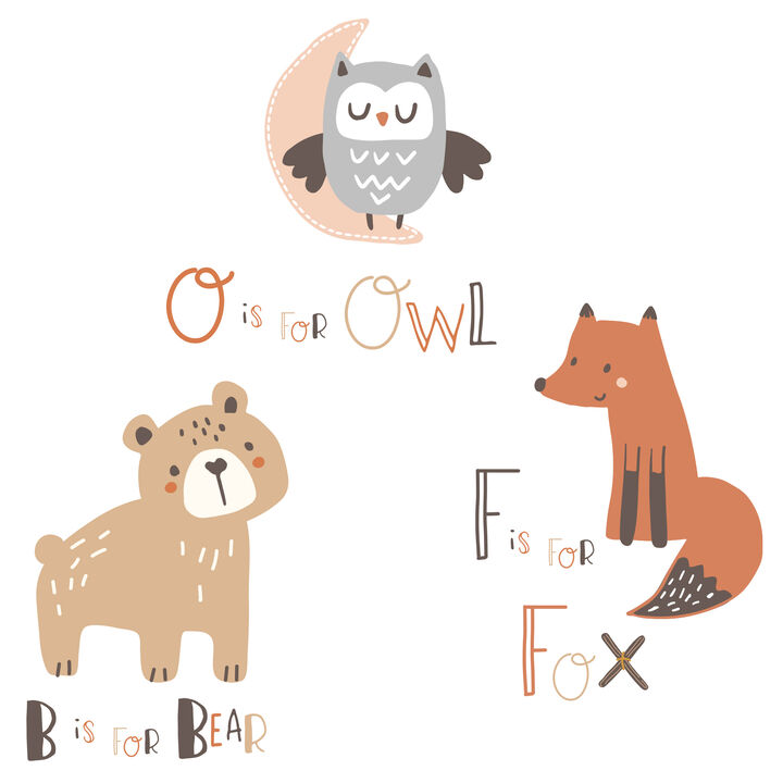 Bedtime Originals Animal Alphabet Beige/Gray Bear/Owl/Fox Woodland Wall Decals