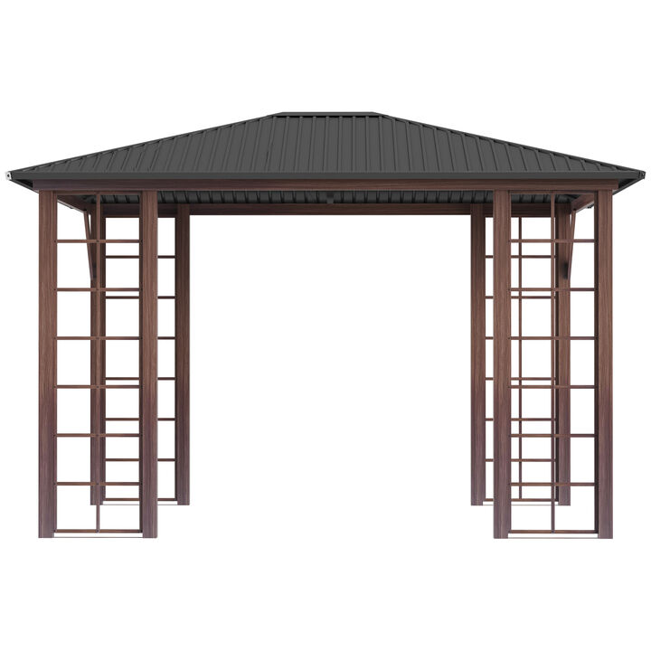 Outsunny 10' x 12' Hardtop Gazebo with Galvanized Steel Roof, Wood Grain Steel Frame, Heavy Duty Permanent Pavilion Outdoor Gazebo, for Garden, Patio, Backyard, Deck, Lawn