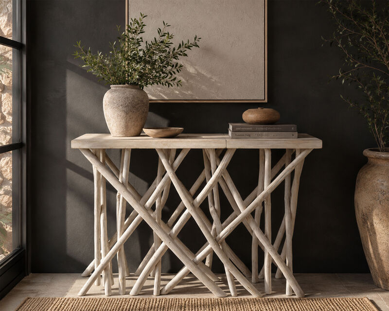 Kyra 47 Inch Sofa Console Table, Solid Teakwood Branch Legs, Whitewash Finish image number 7
