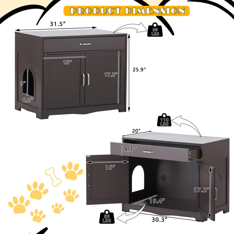 Litter Box Enclosure, Cat Litter Box Furniture with Hidden Plug, 2 Doors, Indoor Cat Washroom Storage Bench Side Table Cat House, Large Wooden Enclosed Litter Box House, Espresso