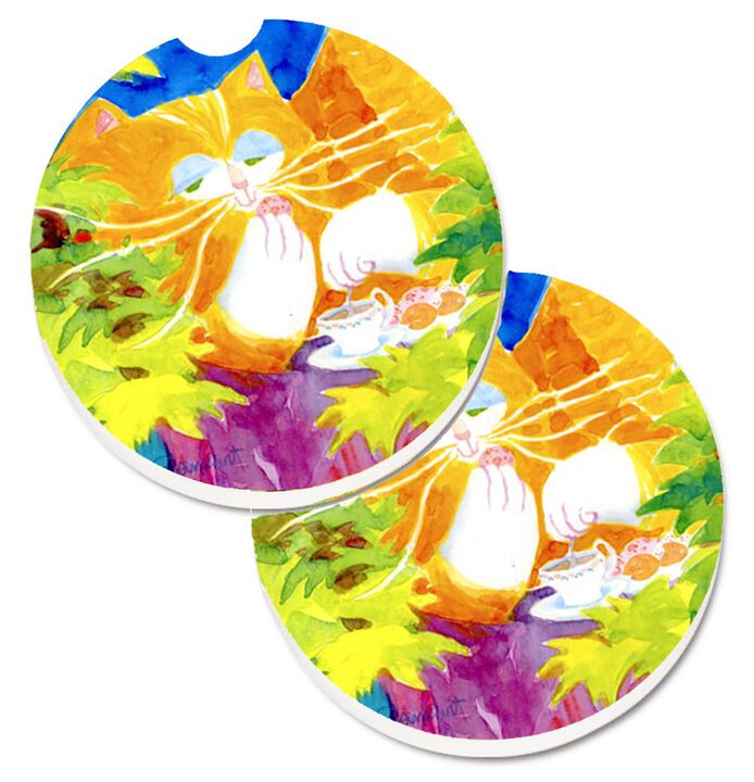 Caroline's Treasures Cat Tea Time Set of 2 Cup Holder Car Coasters 6101CARC, 2.56, Multicolor
