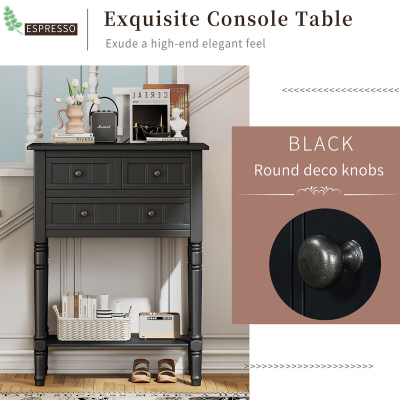 Whisen Narrow Console Table with Three Storage Drawers and Bottom Shelf - Black