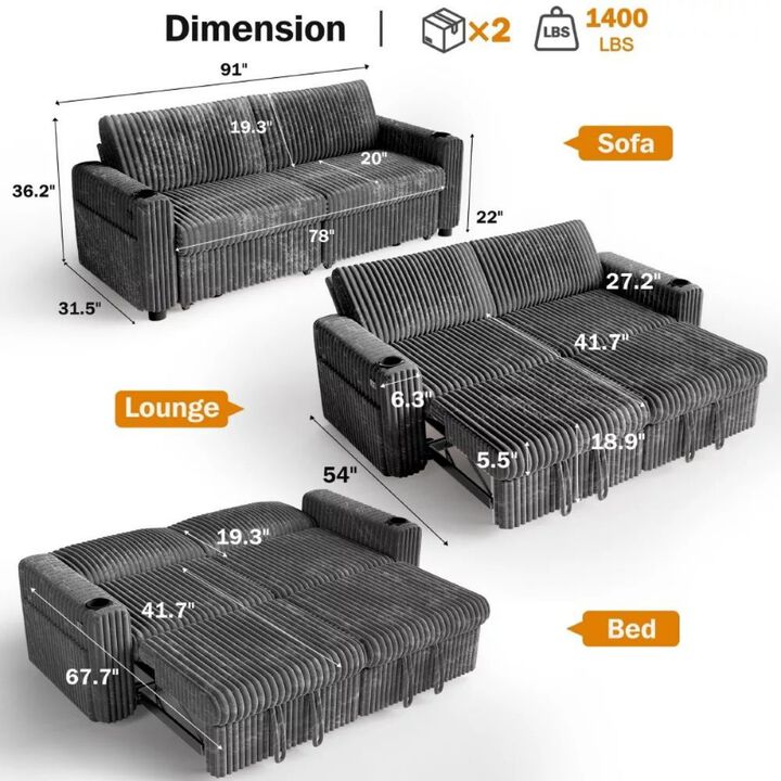 91" Convertible Sleeper Sofa Bed, Loveseat with 5-Level Reclining Backrest, Pull-Out Bed, USB Ports