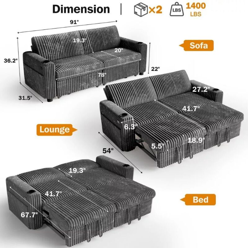 91" Convertible Sleeper Sofa Bed, Loveseat with 5-Level Reclining Backrest, Pull-Out Bed, USB Ports image number 1