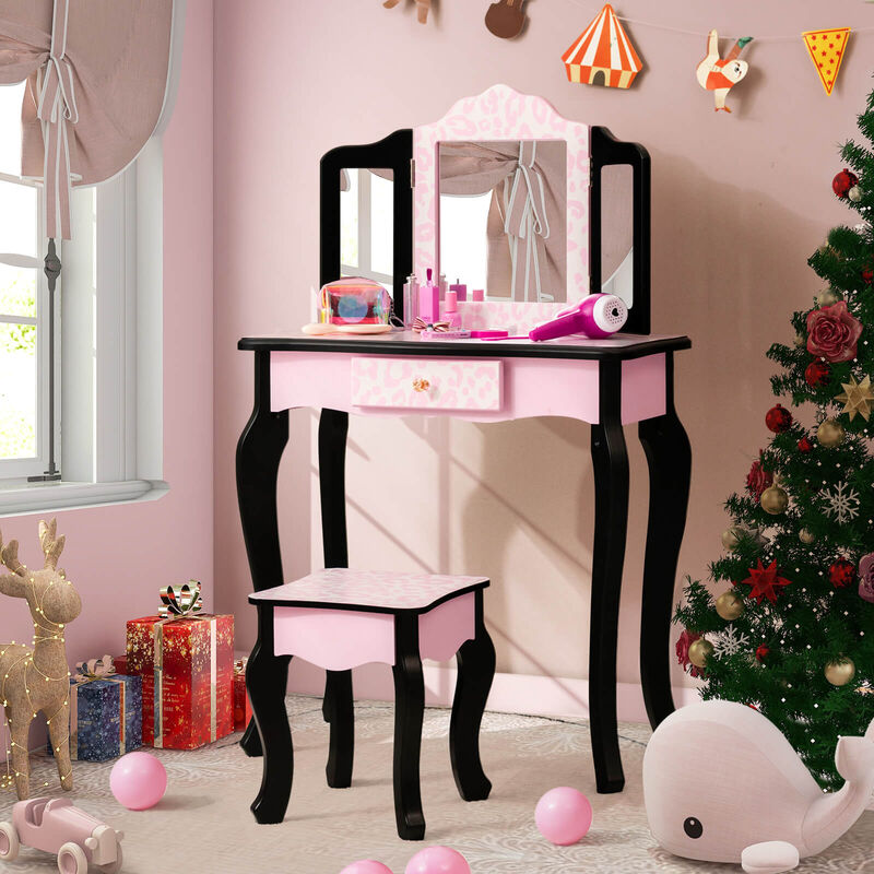 Kid Vanity Set with Tri-Folding Mirror and Leopard Print-Pink