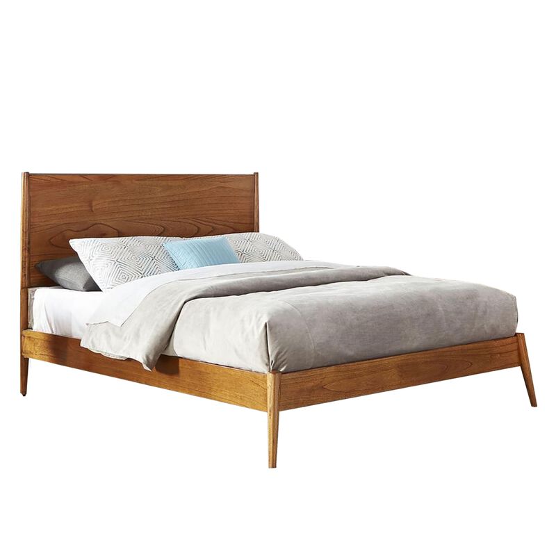 Amy Queen Size Platform Bed, Low Profile Frame, Panel Headboard, Brown - Benzara