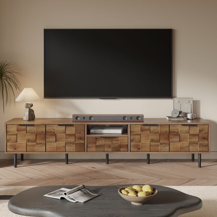 Merax Natural Wood Checkered TV Stand with Soft Close Cabinets & Drawer