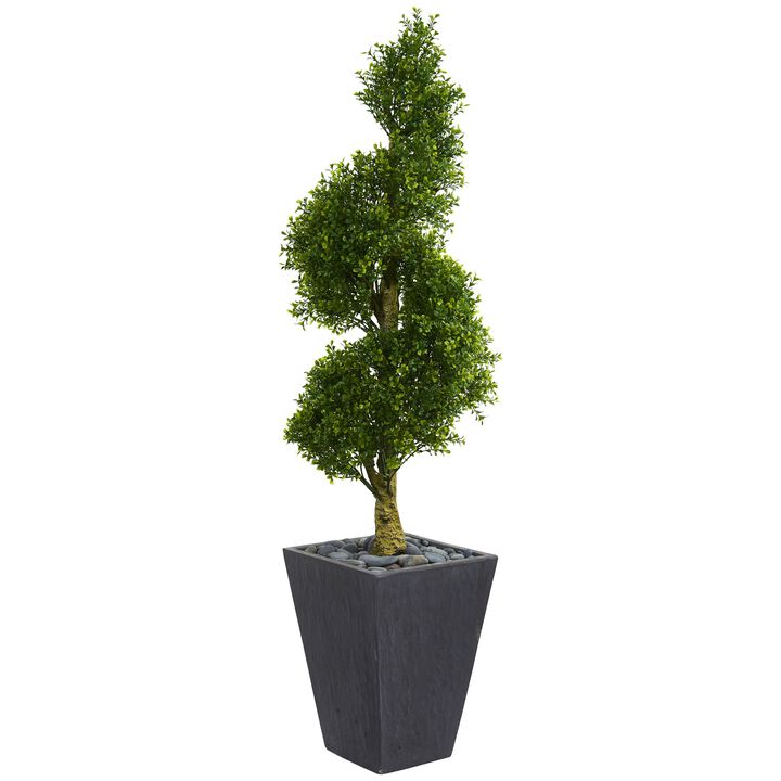 HomPlanti 5 Feet Boxwood Spiral Topiary Artificial Tree in Slate Planter UV Resistant (Indoor/Outdoor)