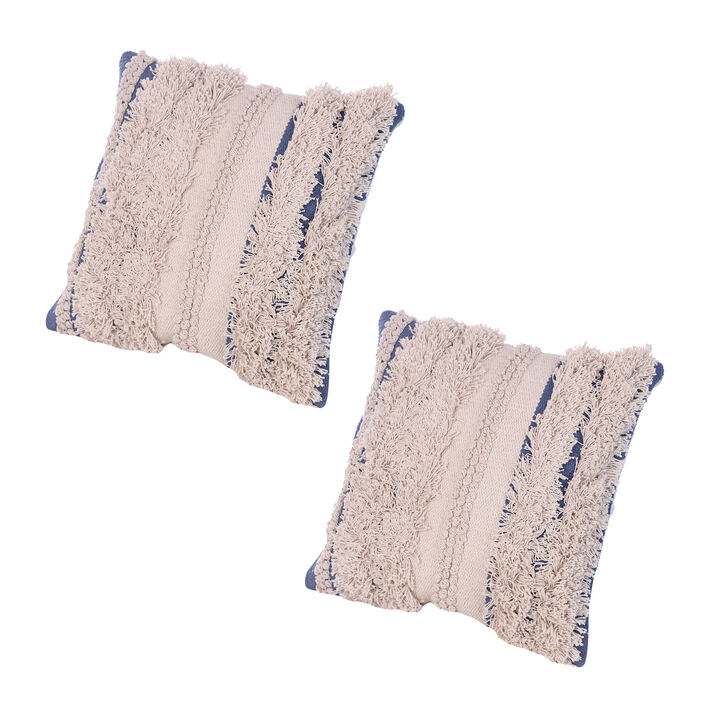 18 x 18 Handcrafted Shaggy Cotton Accent Throw Pillows, Woven Yarn, Set of 2, Beige, Blue