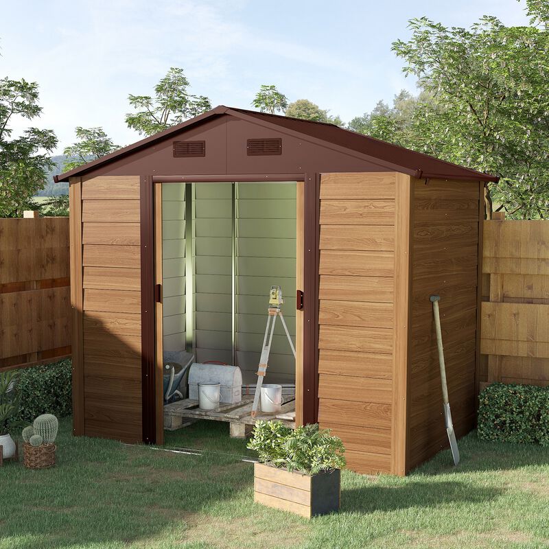 Outsunny 8' x 6' Outdoor Storage Shed, Garden Tool House with Foundation, 4 Vents and 2 Easy Sliding Doors for Backyard, Patio, Garage, Lawn, Brown
